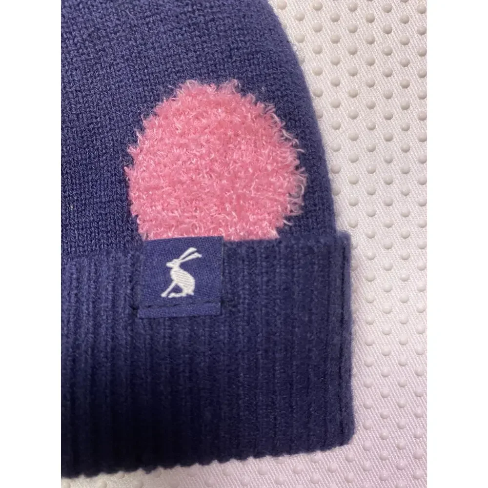 Joules Baby 0-6 Month Bobble Beanie Pom Pom Hat Knit Polka Dots Navy Blue & Pink